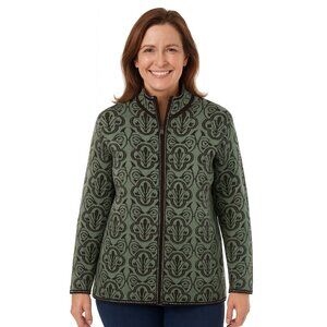 Title Nine Cardigan Sweater Large Green Brown Full Zip 100 Percent Wool Jacket